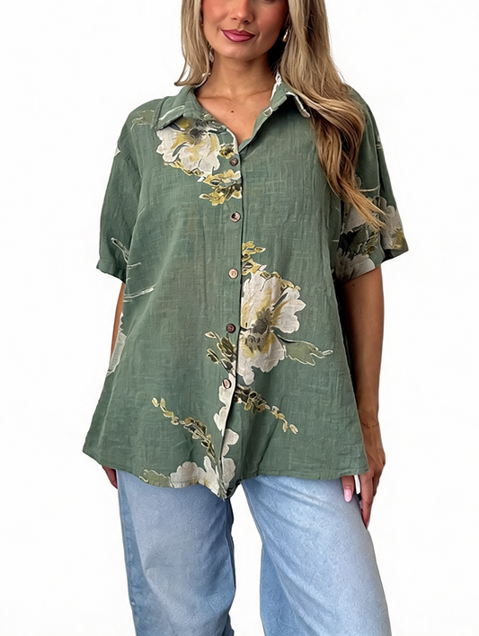 Floral Print Button-Down Tunic Shirt