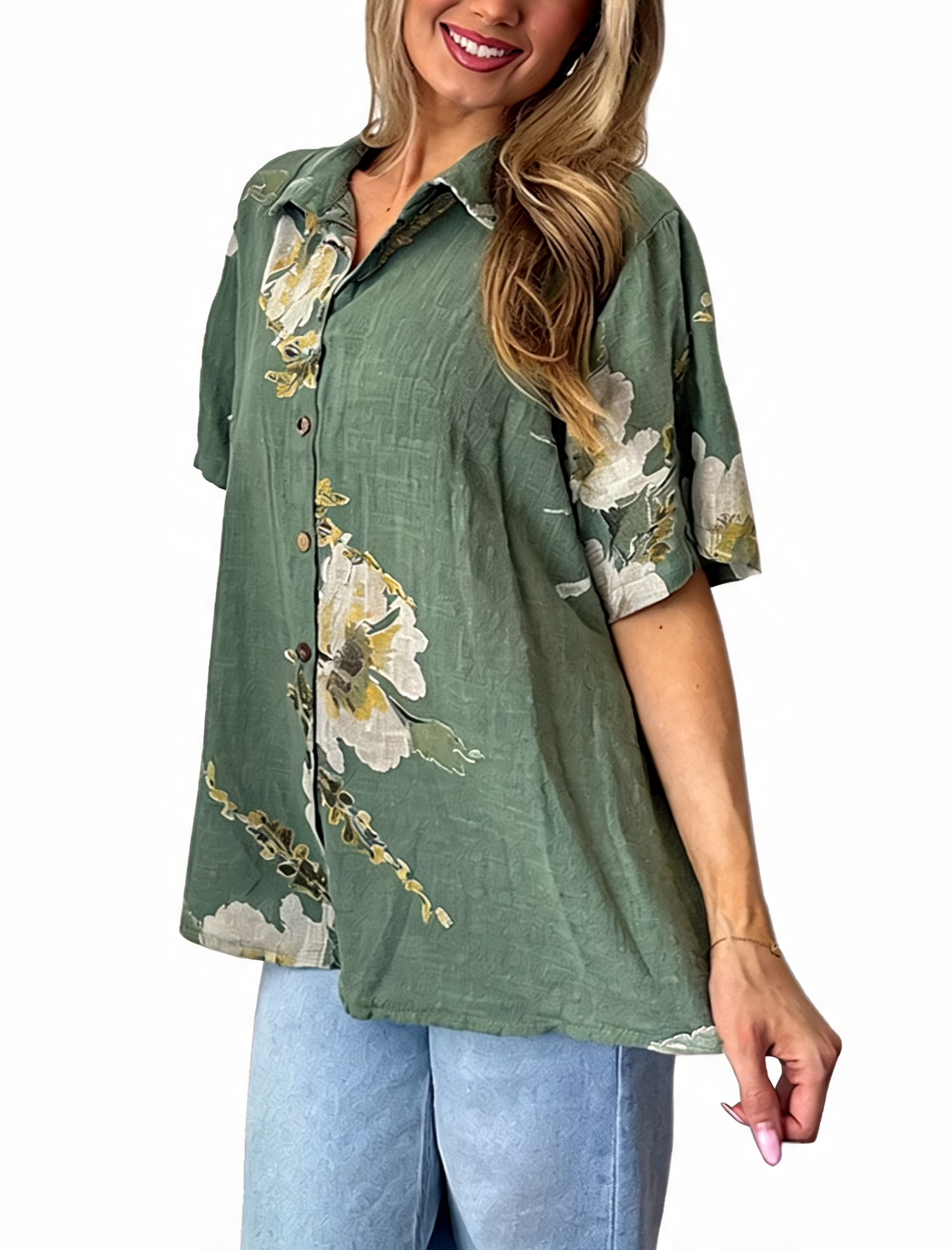 Floral Print Button-Down Tunic Shirt