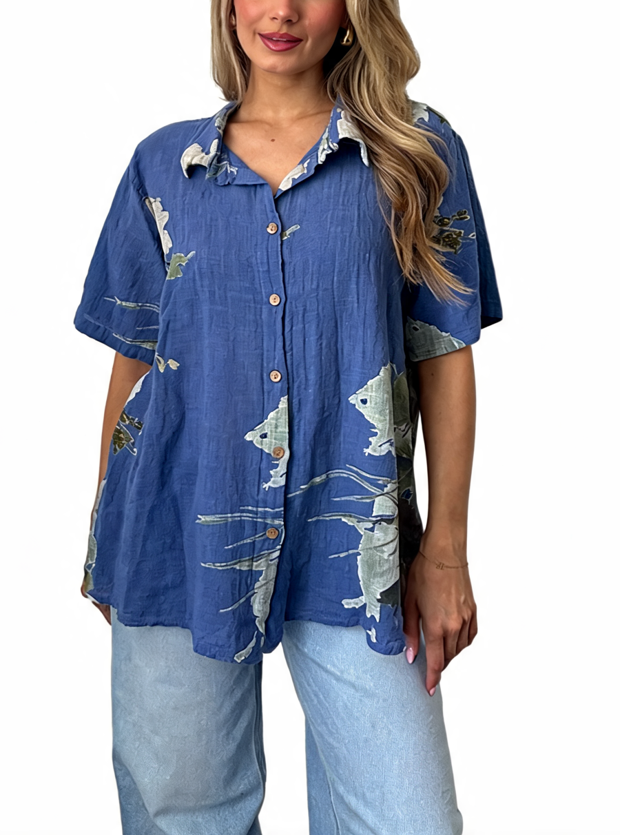 Floral Print Button-Down Tunic Shirt