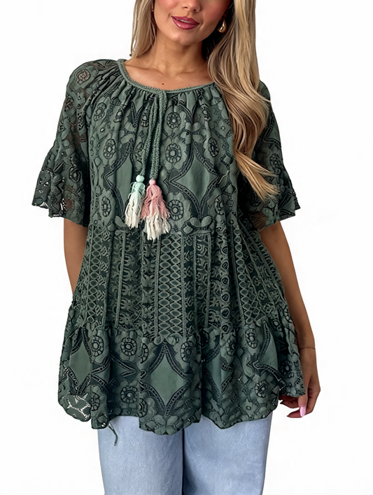 Boho Crochet Lace Tassel Tunic Top