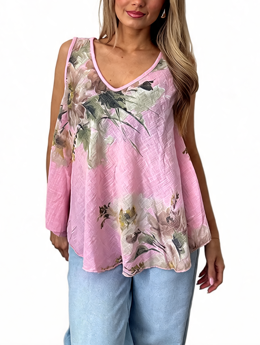 T-shirt met korte mouwen van bloemenkant en botanische print - Marineblauw