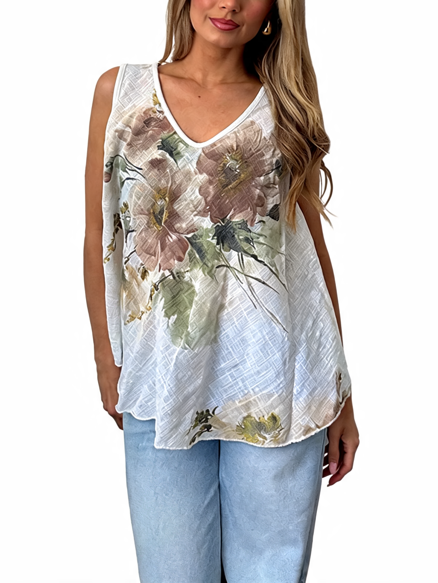 T-shirt met korte mouwen van bloemenkant en botanische print - Marineblauw