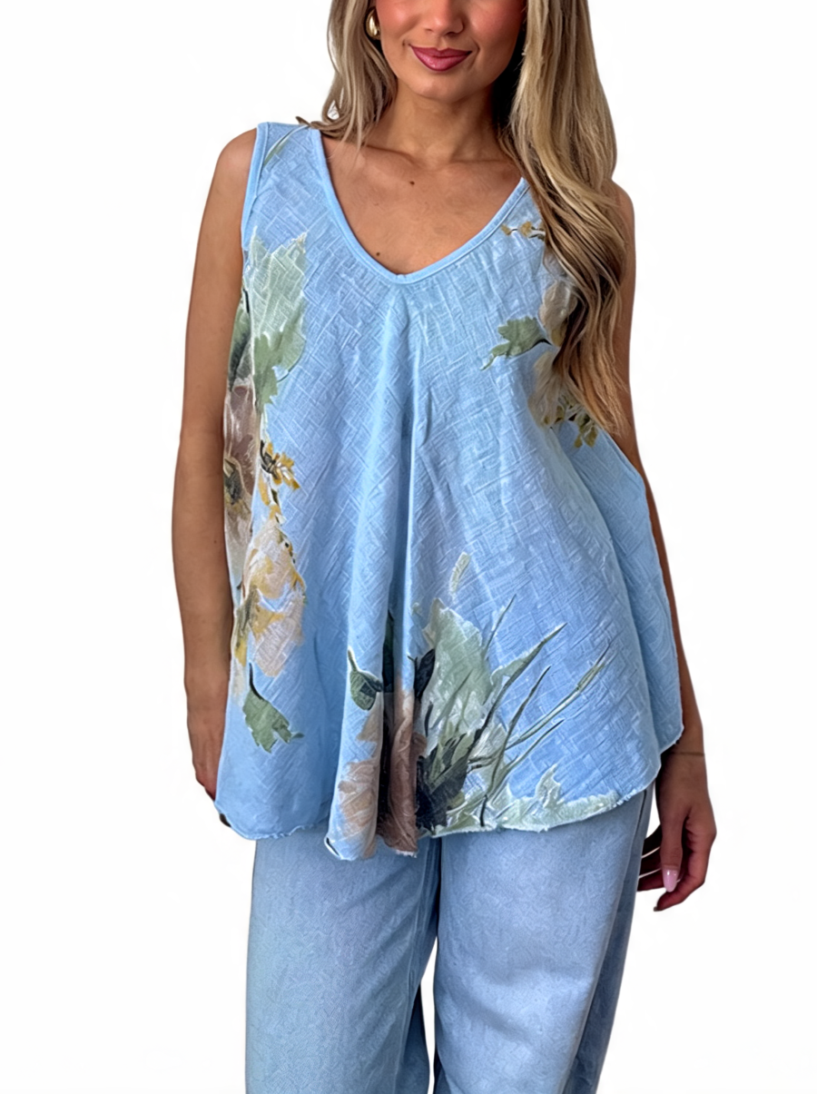 T-shirt met korte mouwen van bloemenkant en botanische print - Marineblauw