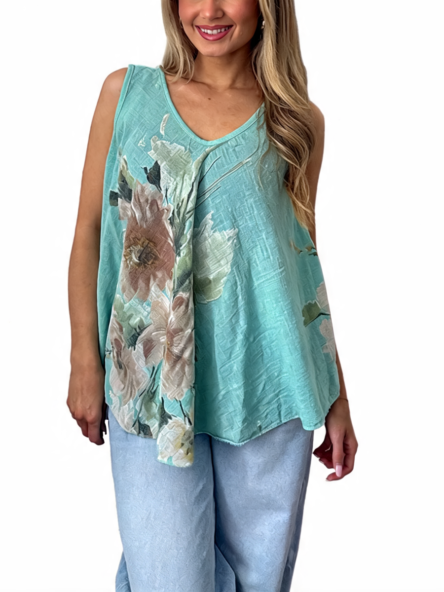 T-shirt met korte mouwen van bloemenkant en botanische print - Marineblauw