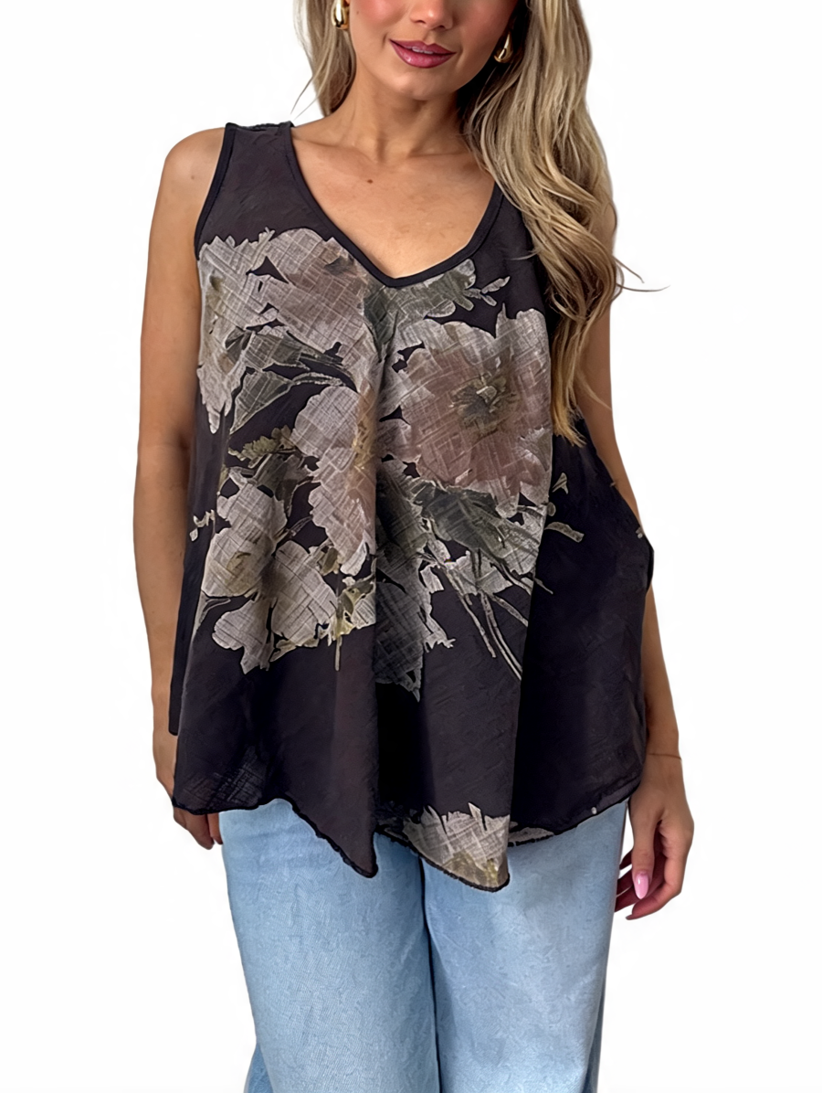 T-shirt met korte mouwen van bloemenkant en botanische print - Marineblauw
