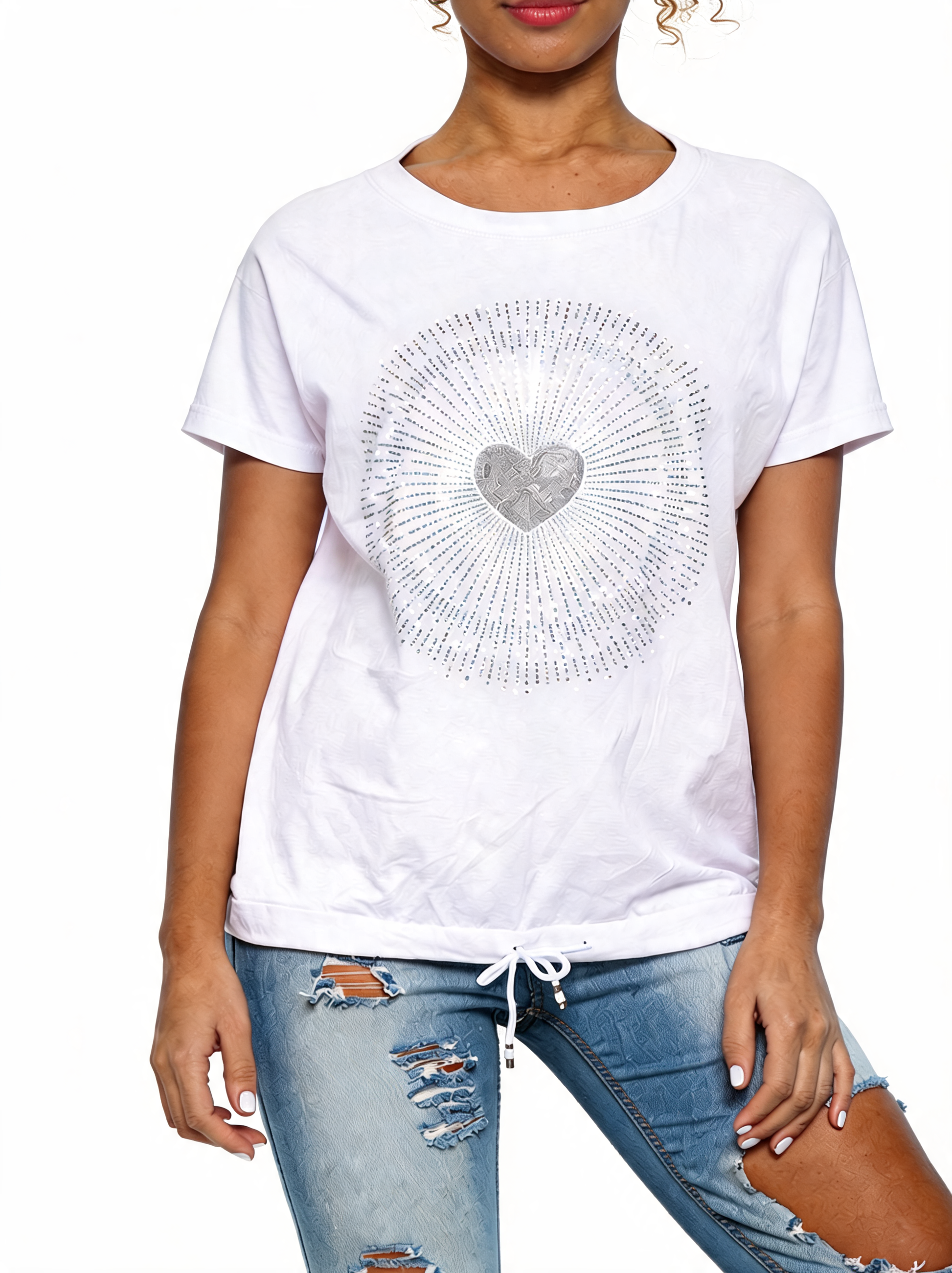 Ladies white sequin heart graphic drawstring hem top with rhinestone sunburst front
