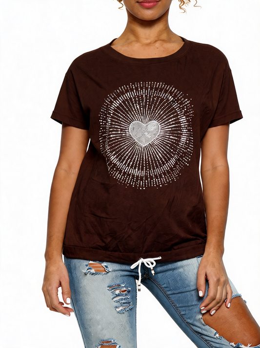 Chocolate brown sequin heart graphic top with drawstring hem, short sleeves