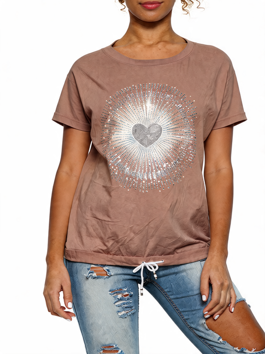 Mocha sequin heart graphic drawstring hem top with short sleeves