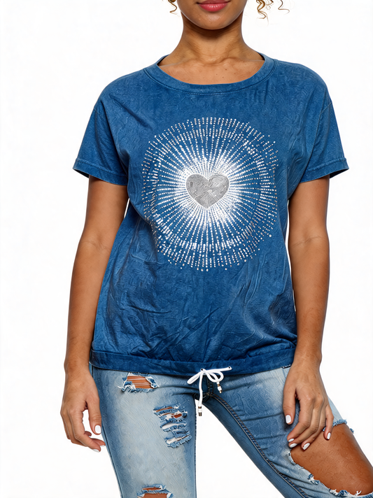 Denim short-sleeve top with rhinestone heart graphic and drawstring hem, blue