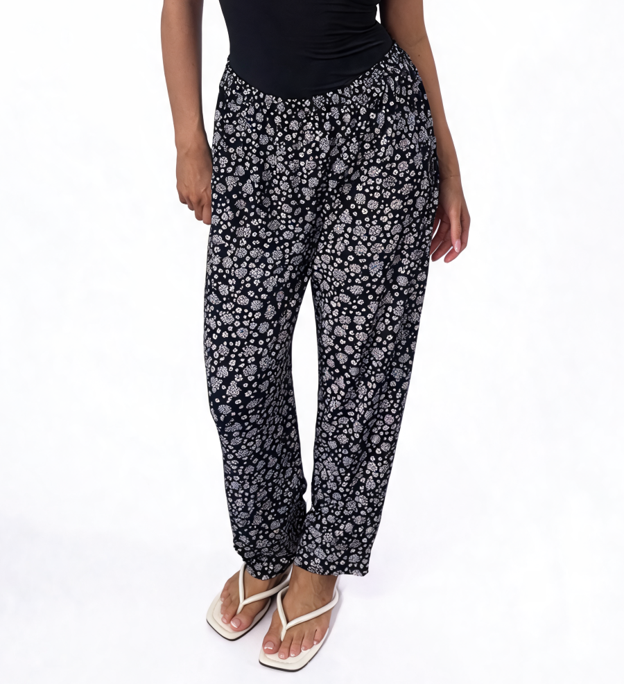 Dames broek met vierkante swirlprint zwart
