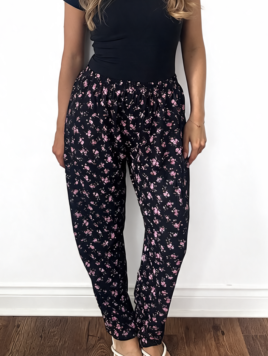 Dames broek met vierkante swirlprint zwart