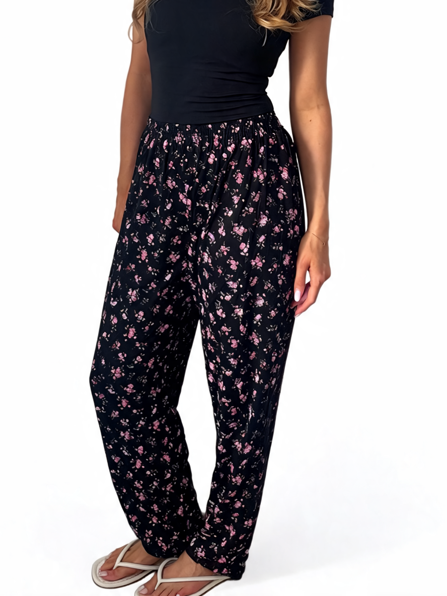 Dames broek met vierkante swirlprint zwart
