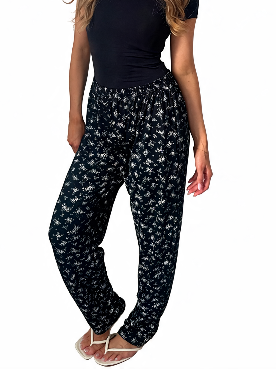 Dames broek met vierkante swirlprint zwart