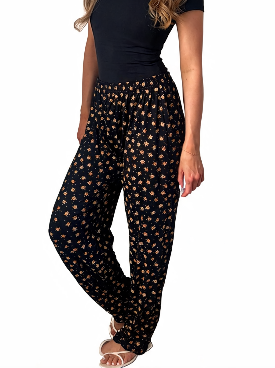 Dames broek met vierkante swirlprint zwart