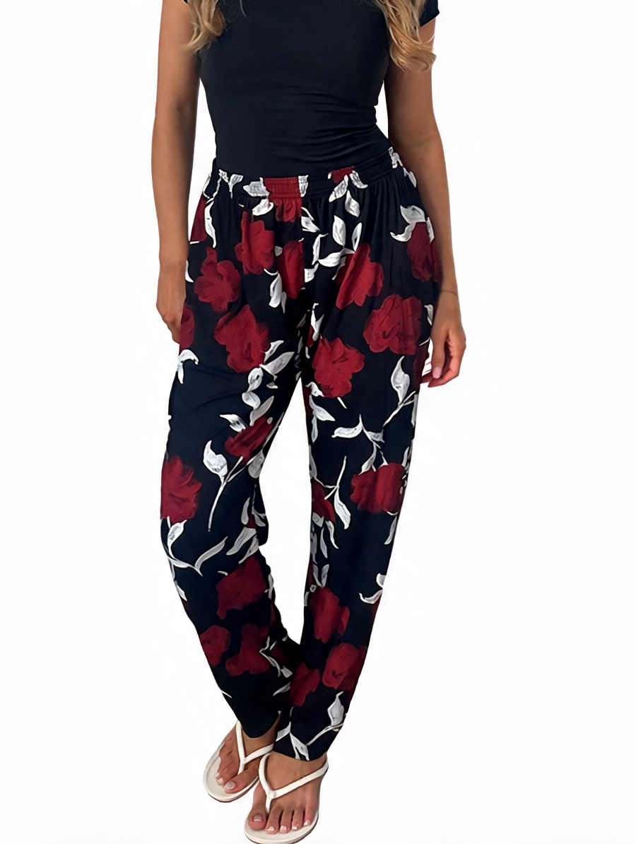 Dames broek met vierkante swirlprint zwart