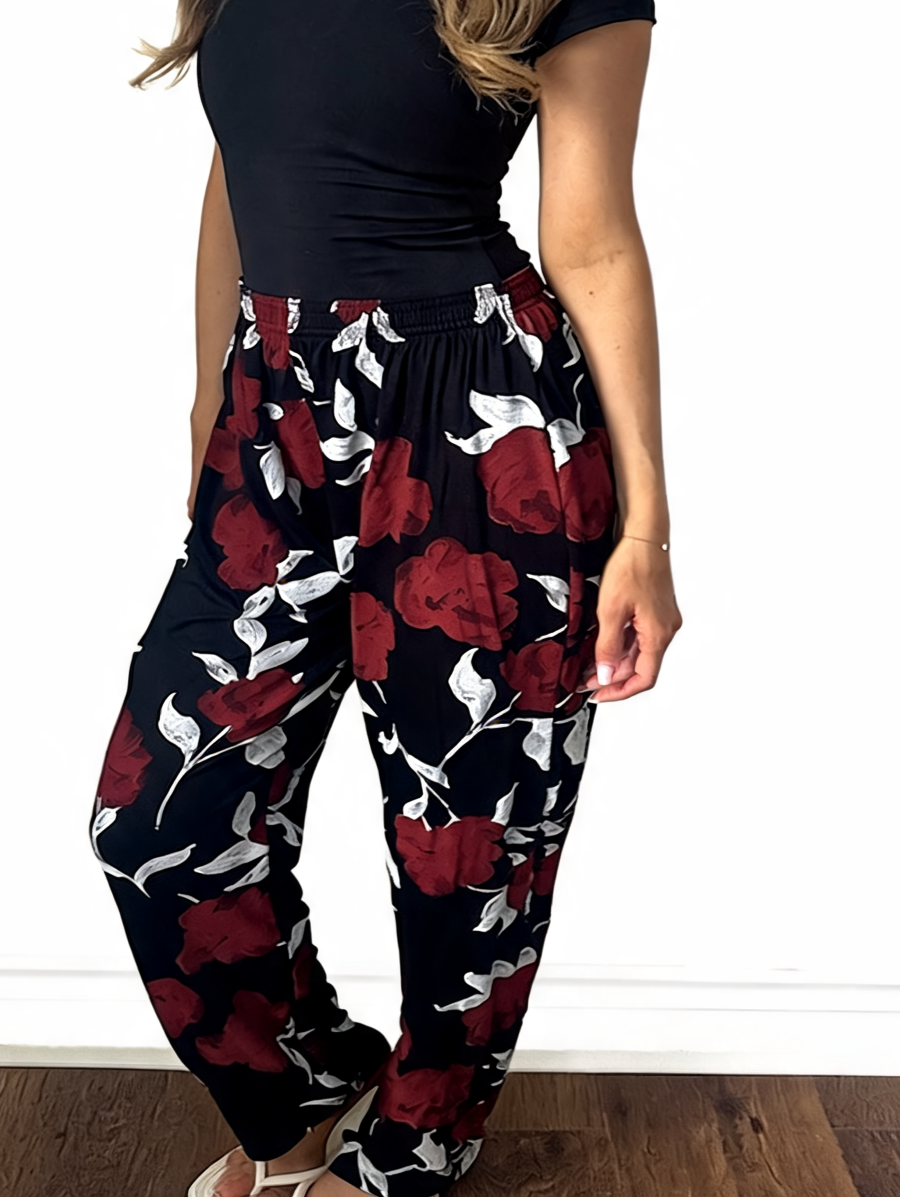 Dames broek met vierkante swirlprint zwart