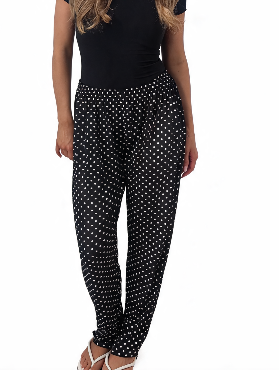 Dames broek met vierkante swirlprint zwart