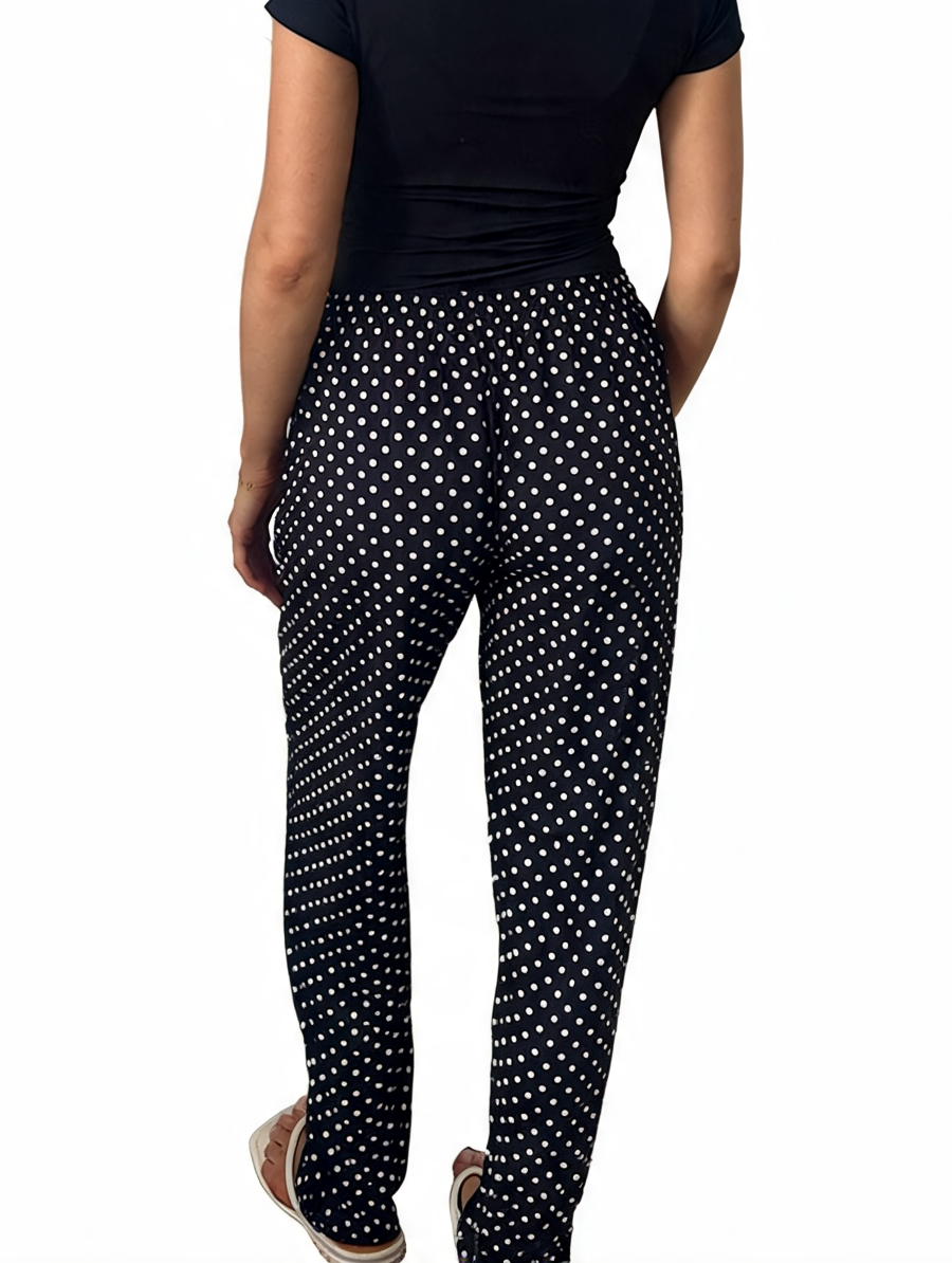 Dames broek met vierkante swirlprint zwart