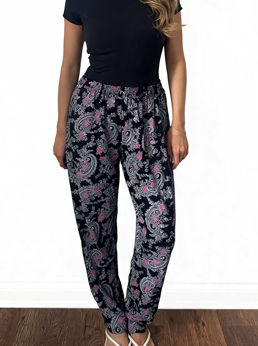 Dames broek met vierkante swirlprint zwart