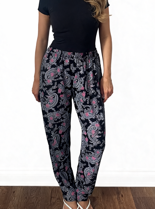 Ornate Paisley Print Elasticated Trousers - Black