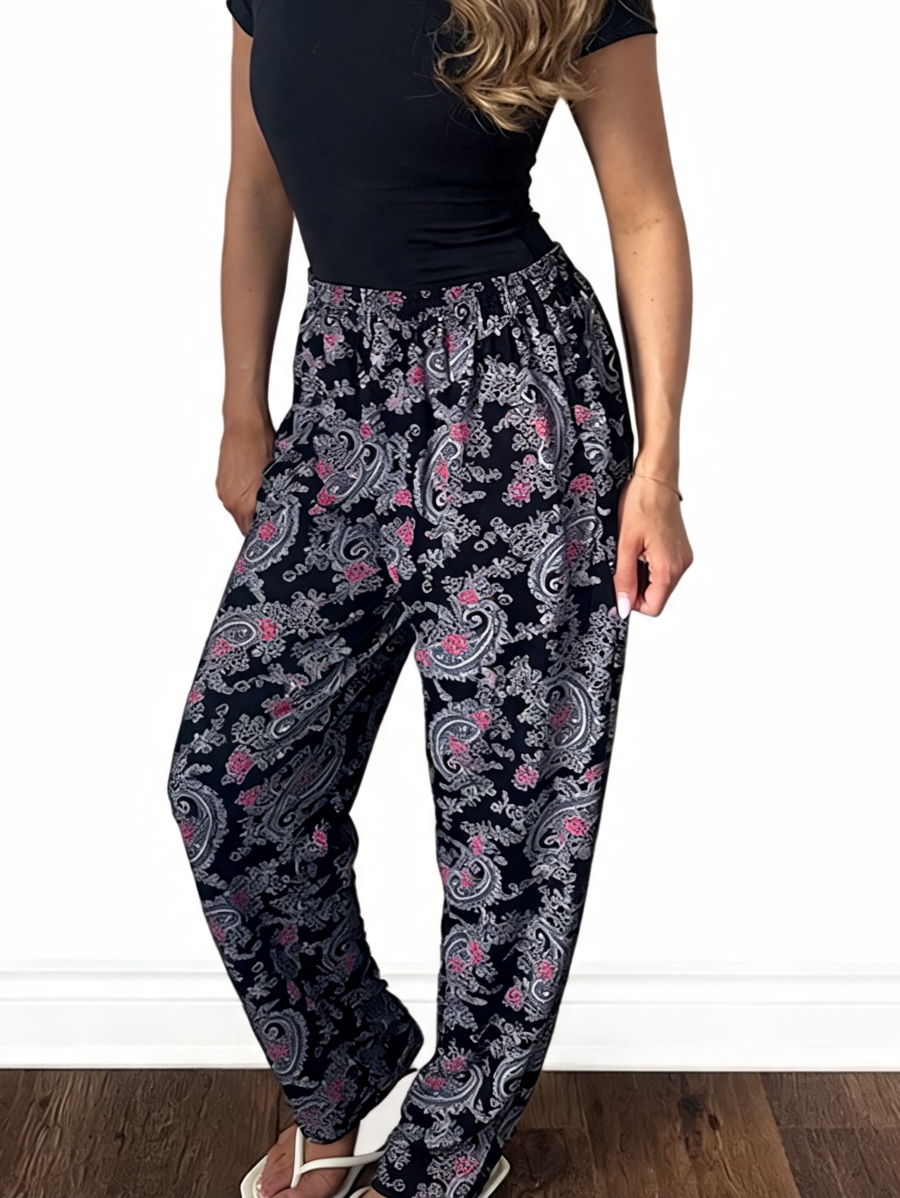 Dames broek met vierkante swirlprint zwart