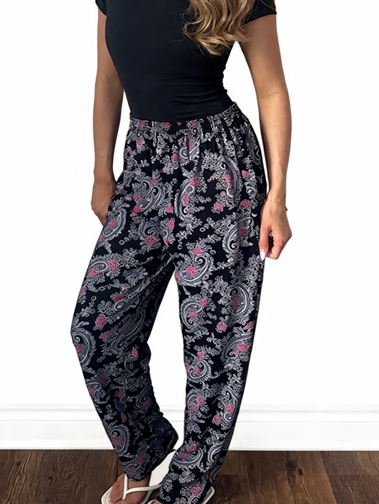 Ornate Paisley Print Elasticated Trousers - Black