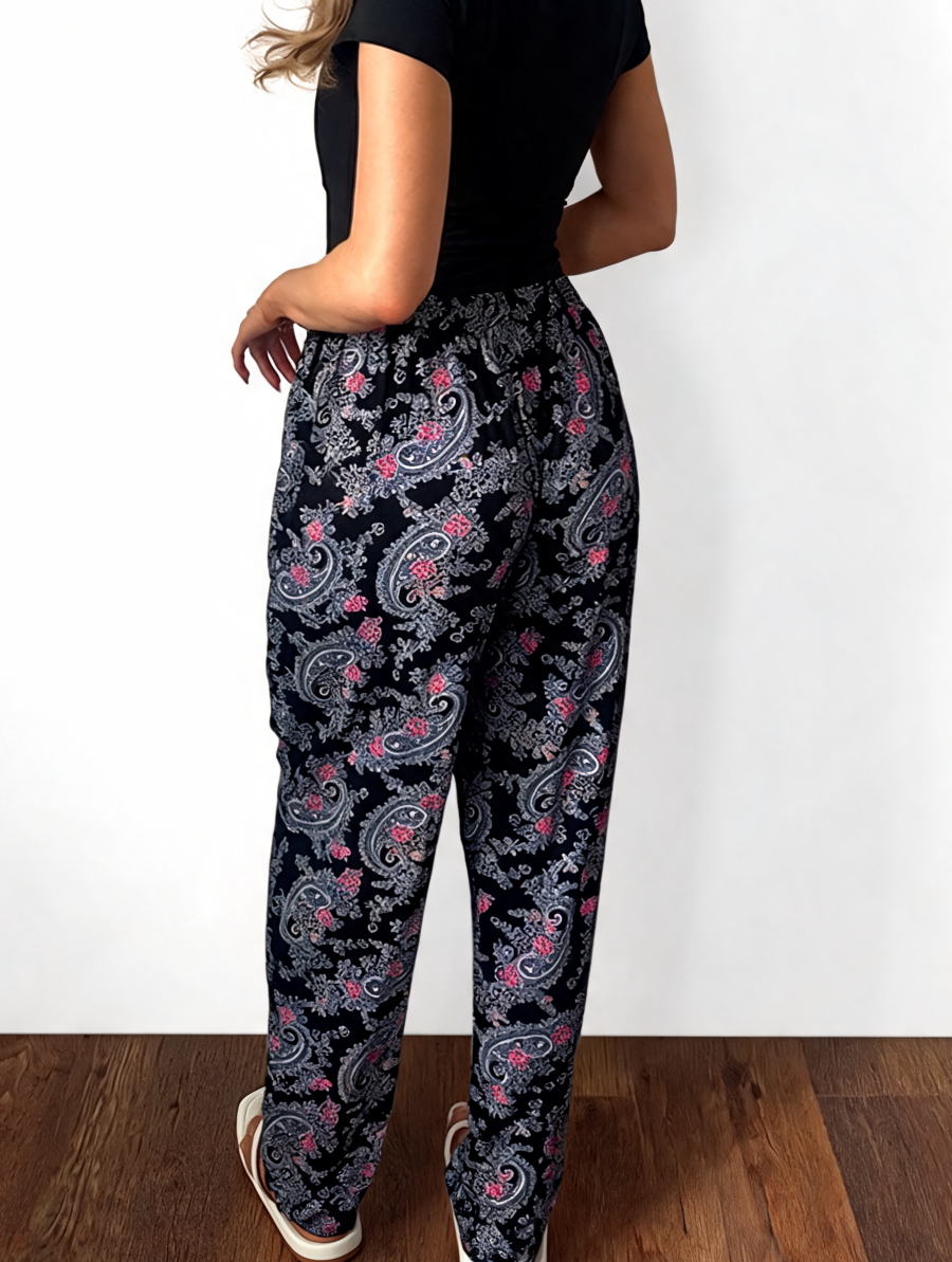 Dames broek met vierkante swirlprint zwart