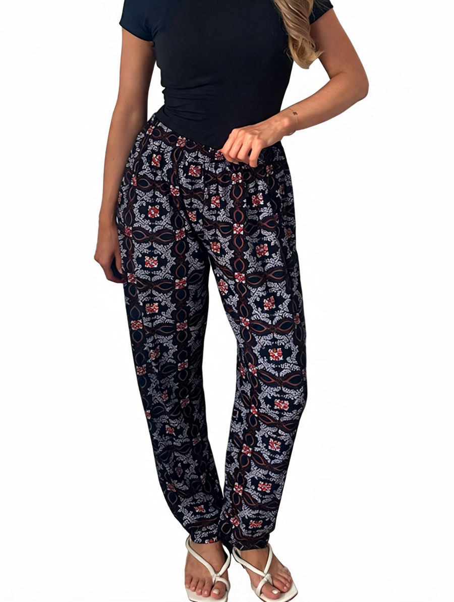 Dames broek met vierkante swirlprint zwart