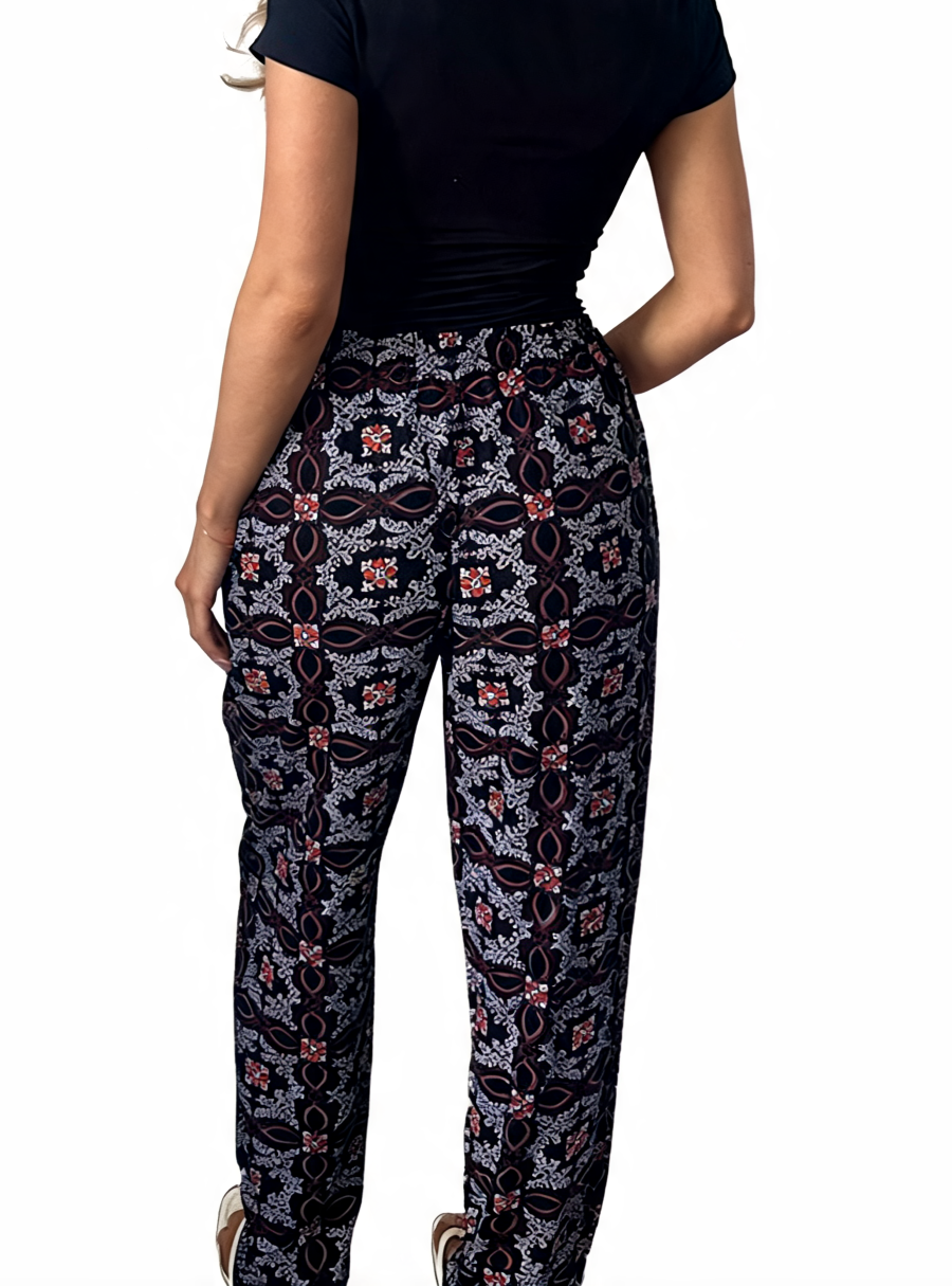 Dames broek met vierkante swirlprint zwart