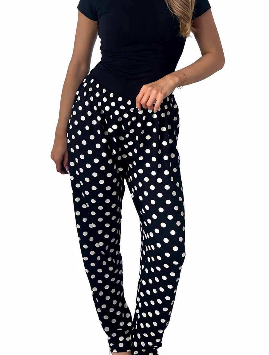Dames broek met vierkante swirlprint zwart