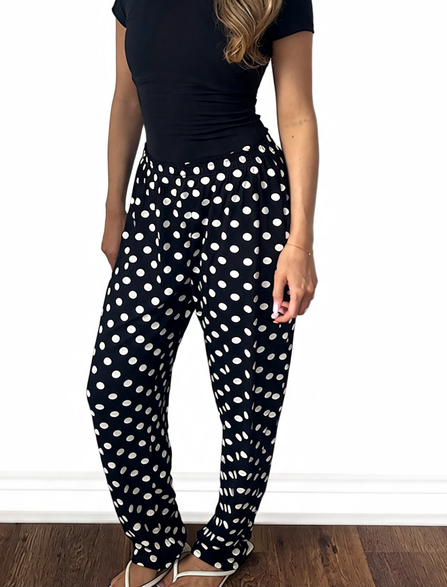 Dames broek met vierkante swirlprint zwart