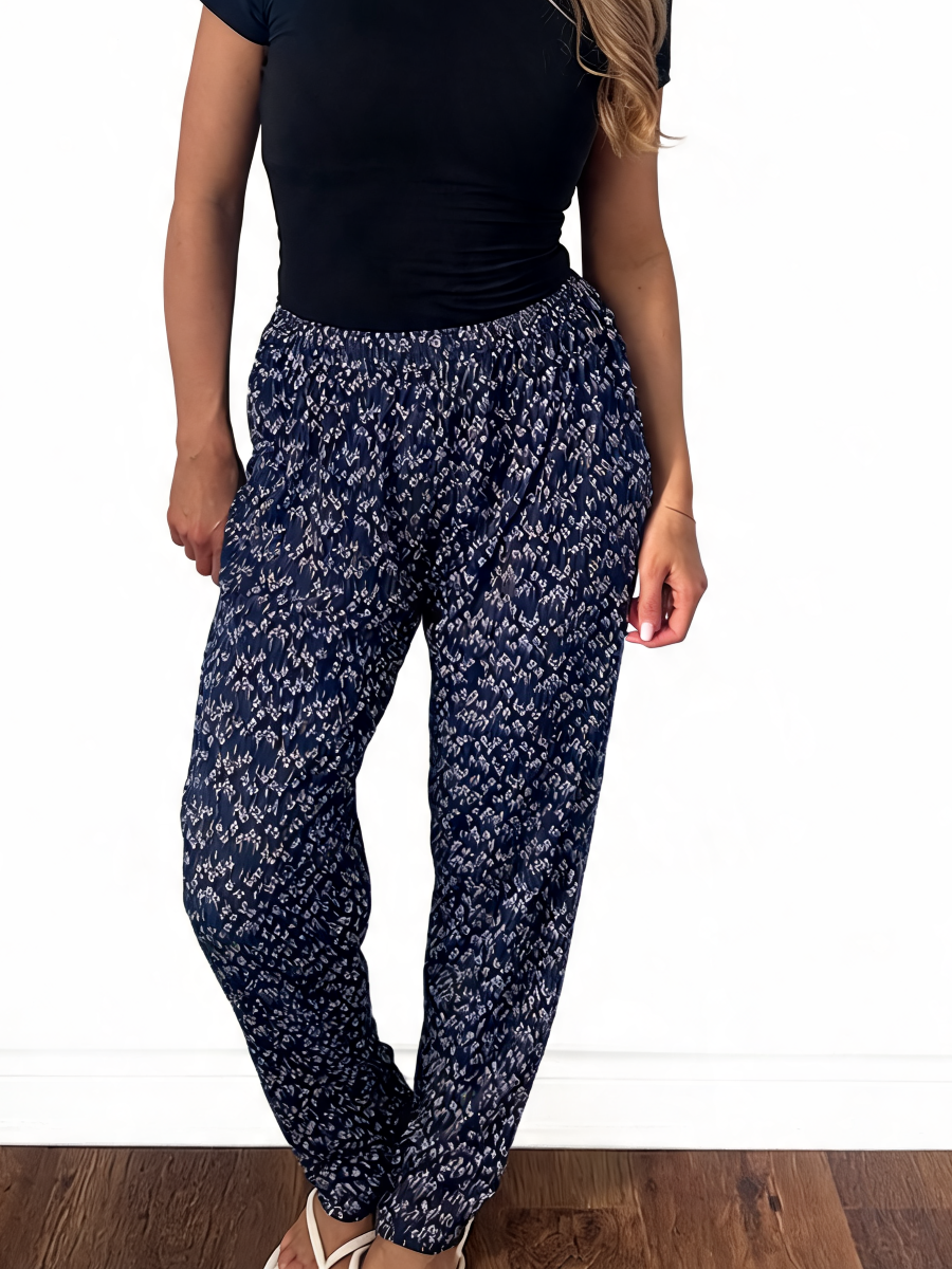 Dames broek met vierkante swirlprint zwart
