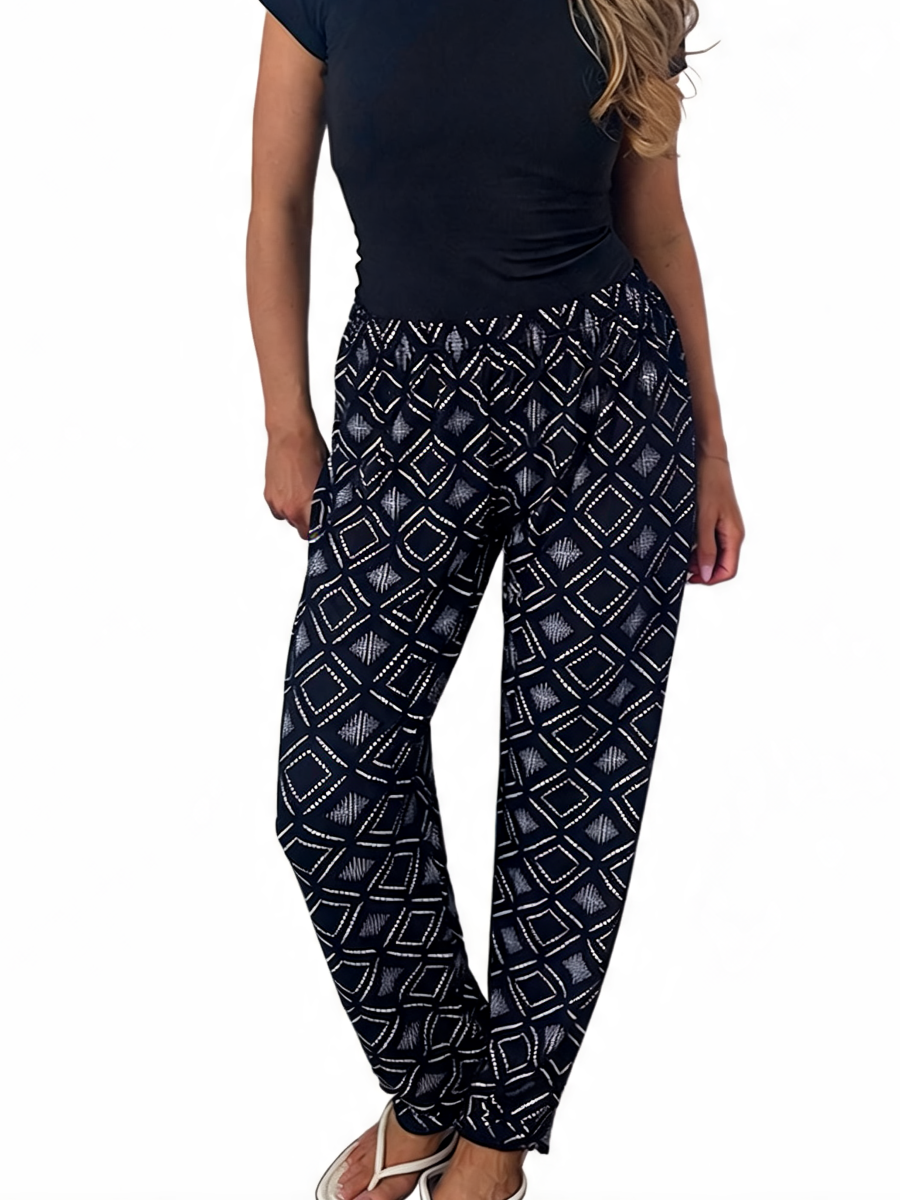 Dames broek met vierkante swirlprint zwart