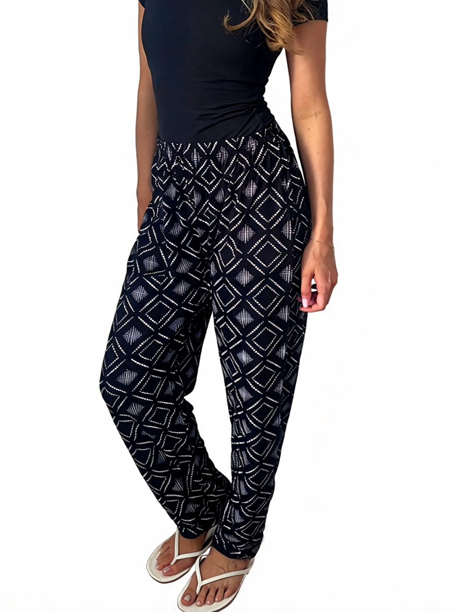 Dames broek met vierkante swirlprint zwart
