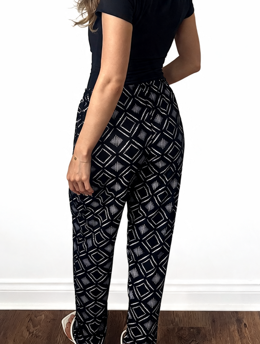 Geometric Print Elasticated Trousers - Black
