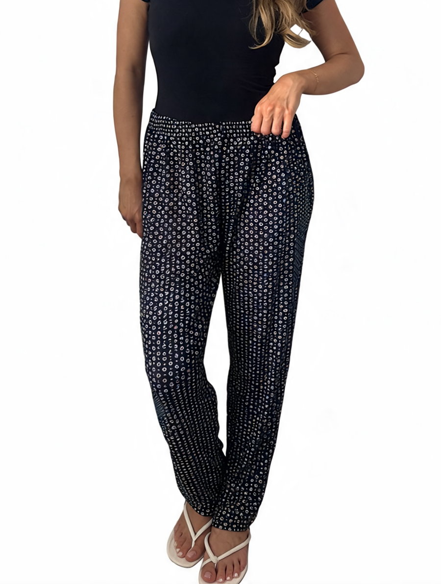Dames broek met vierkante swirlprint zwart