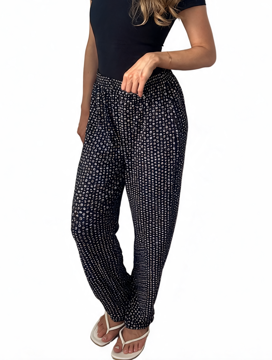 Dames broek met vierkante swirlprint zwart