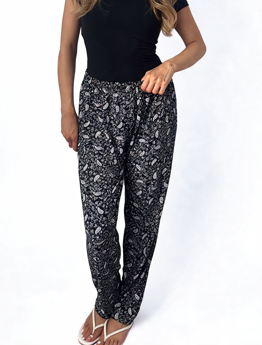 Dames broek met vierkante swirlprint zwart