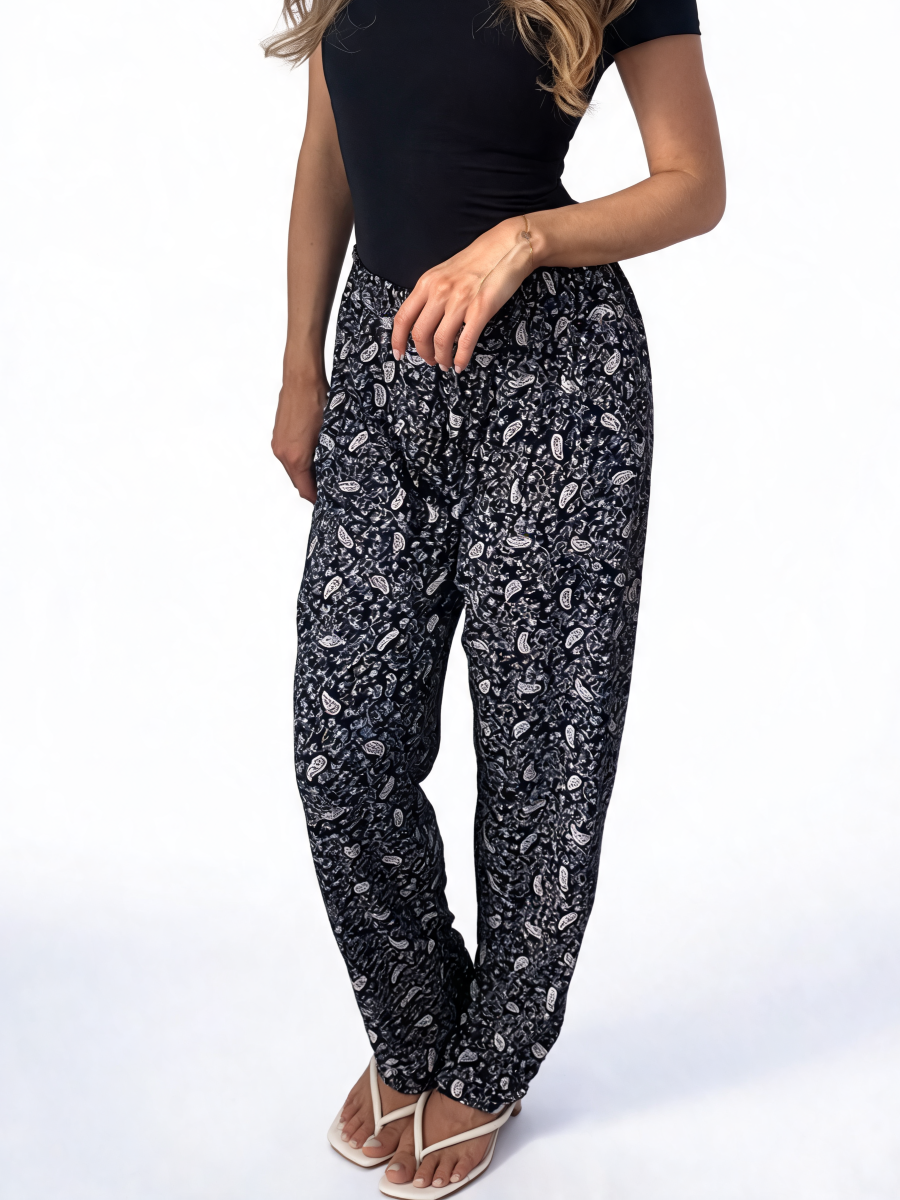 Dames broek met vierkante swirlprint zwart