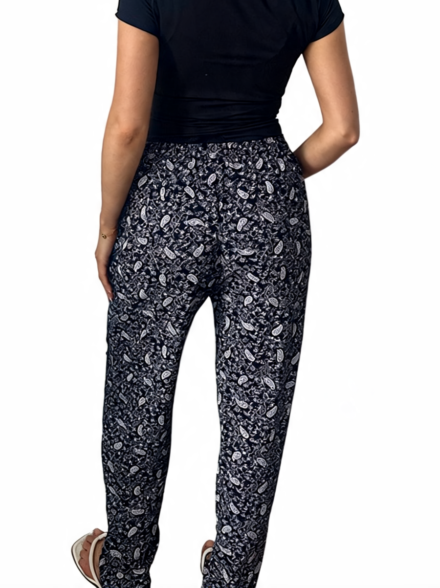 Dames broek met vierkante swirlprint zwart