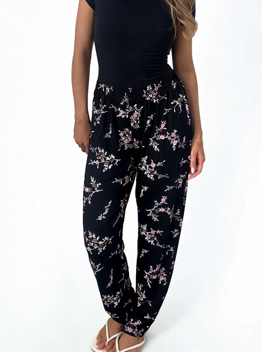 Blossom Print Elasticated Trousers - Black