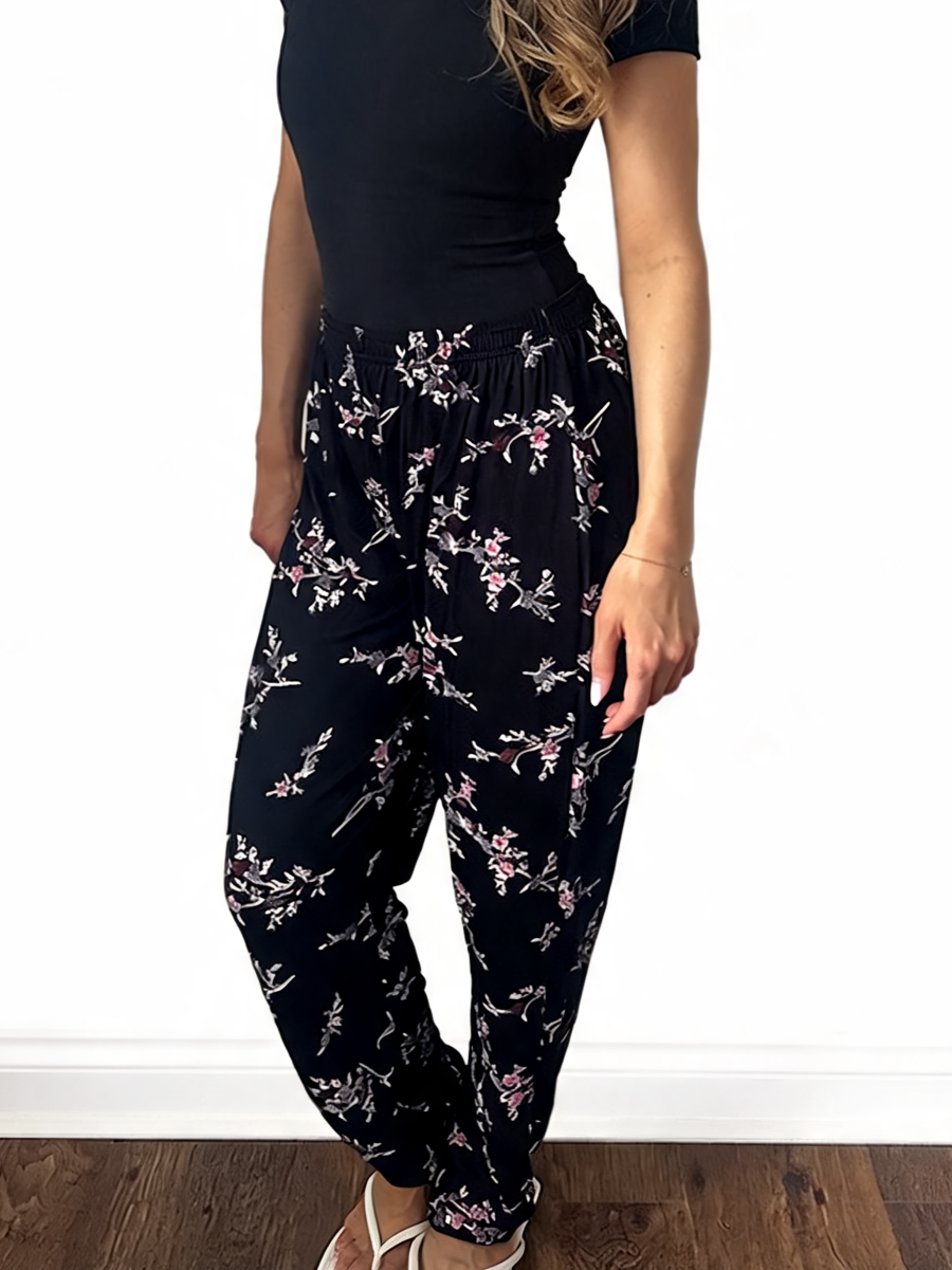 Blossom Print Elasticated Trousers - Black