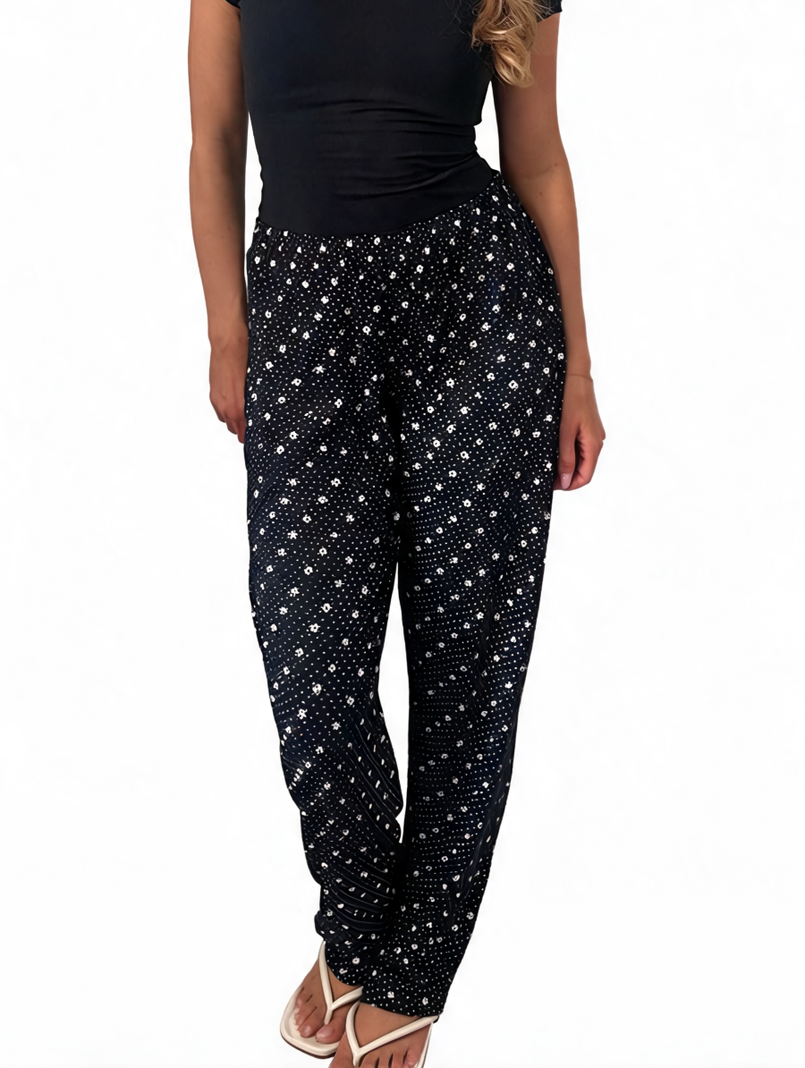 Dames broek met vierkante swirlprint zwart