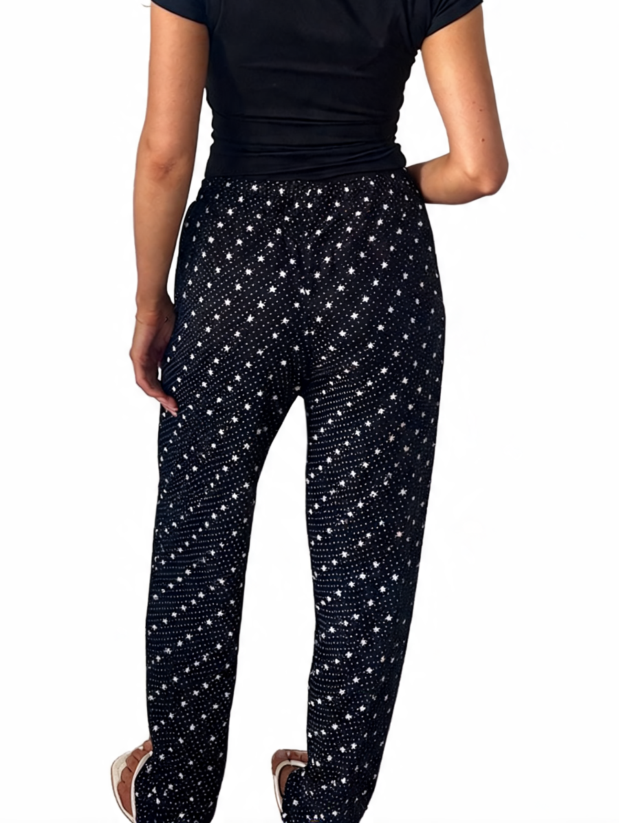 Dames broek met vierkante swirlprint zwart