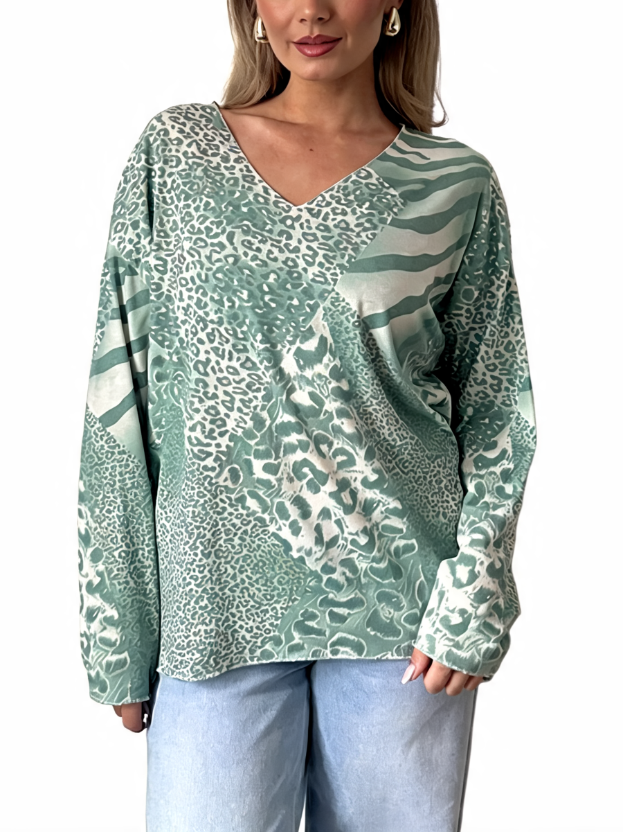 Green and sage mixed animal print V-neck long sleeve top with side stripe pattern
