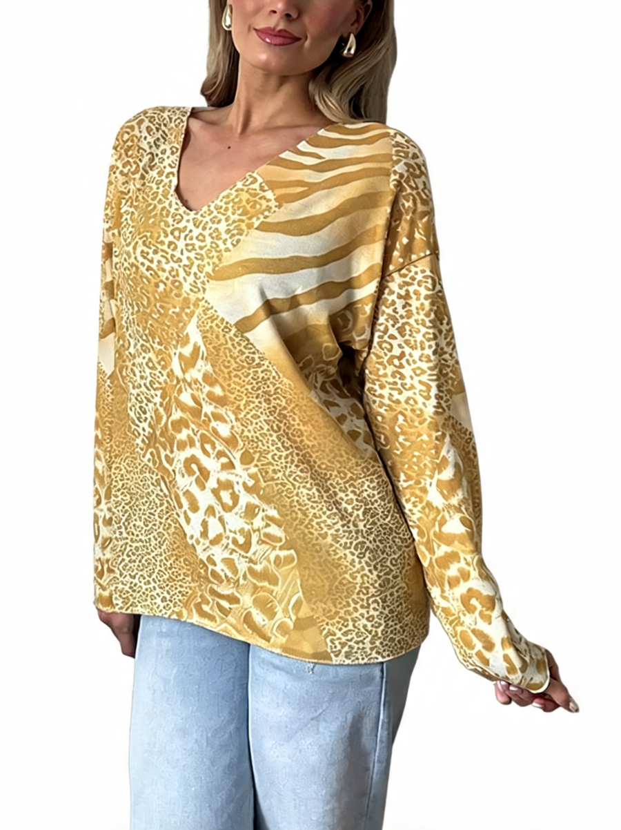 Animal print V-neck long-sleeve top in tan and gold with leopard and zebra stripes