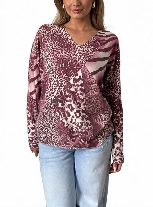 Mixed Animal Print V-Neck Long Sleeve Top
