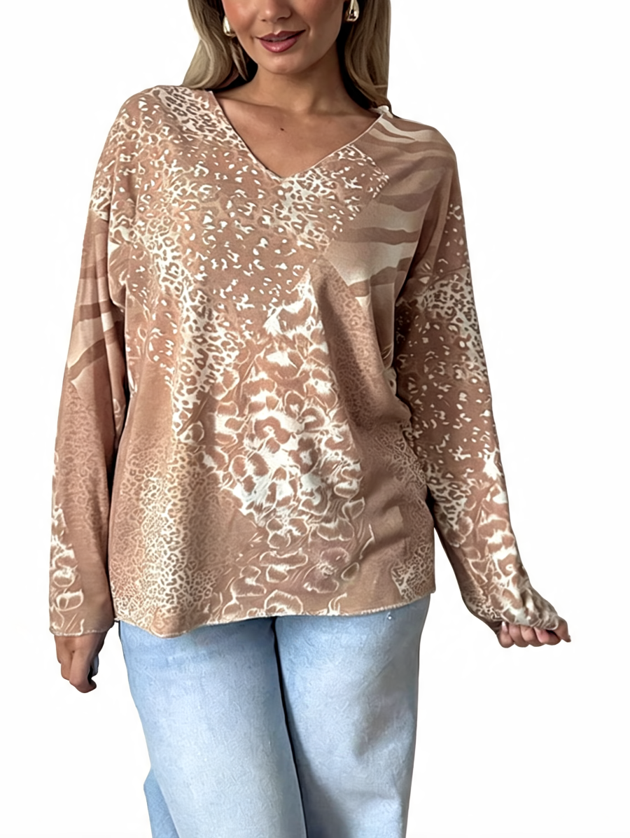 Tan and caramel mixed animal print V-neck long sleeve top with subtle stripe section