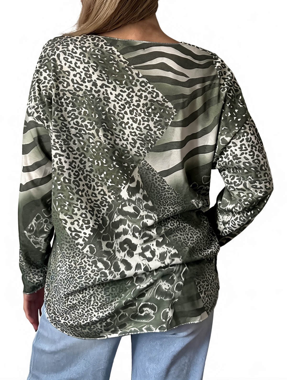 Animal print V-neck long-sleeve top in dark olive and black with leopard and zebra