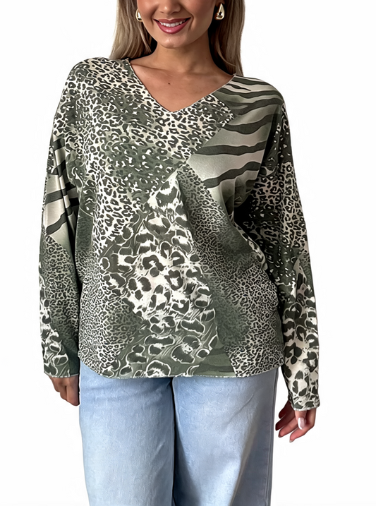 Mixed Animal Print V-Neck Long Sleeve Top